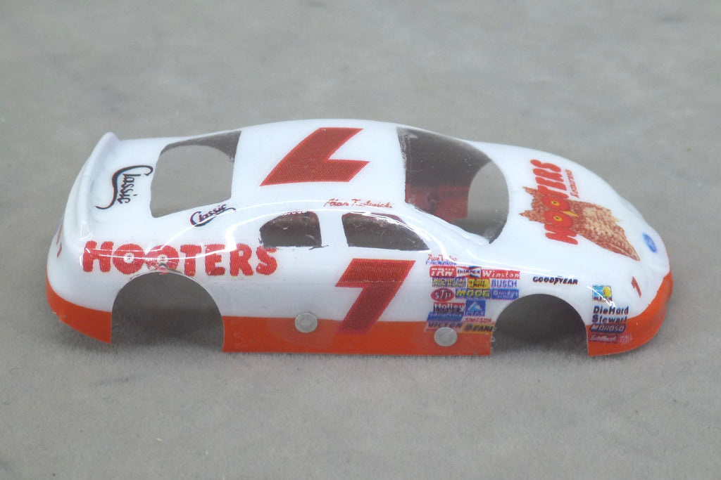 Right side of white and orange Hooters #7 painted Lexan HO slot car body with number 7