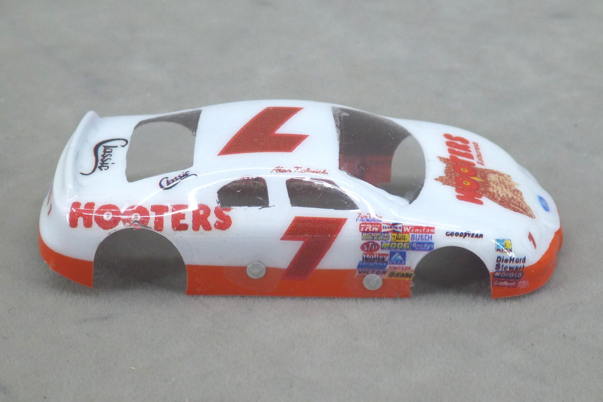 Right side of white and orange Hooters #7 painted Lexan HO slot car body with number 7
