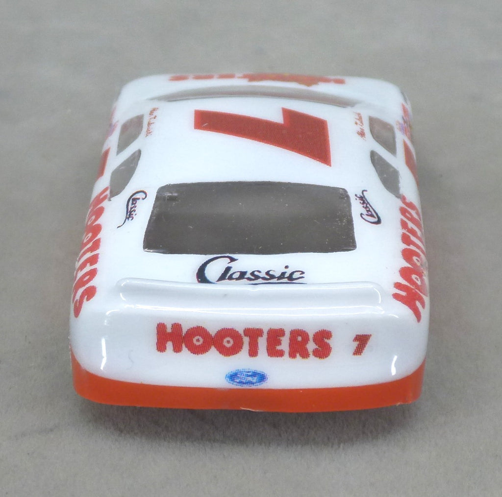 Rear view of Hooters #7 painted Lexan HO slot car body with white spoiler and orange bumper