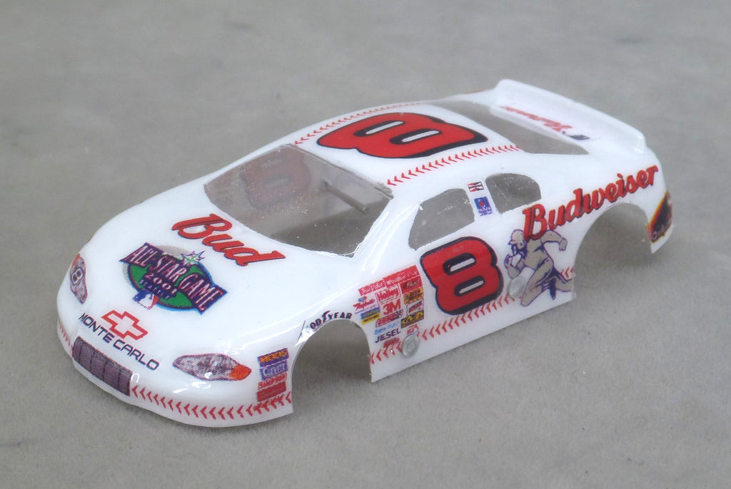 Front three-quarter view of white Budweiser #8 painted Lexan HO slot car body with red graphics