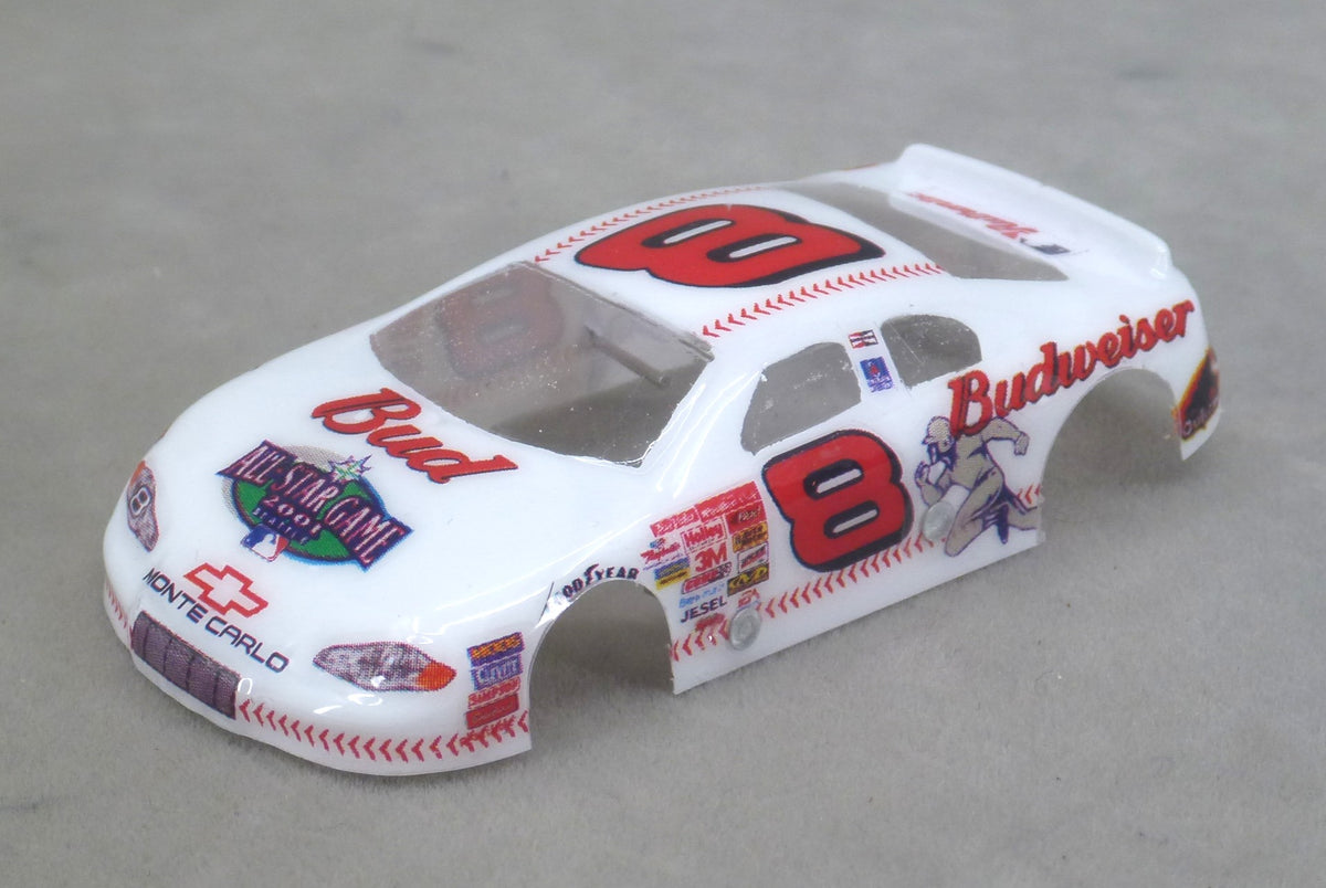 Front three-quarter view of white Budweiser #8 painted Lexan HO slot car body with red graphics