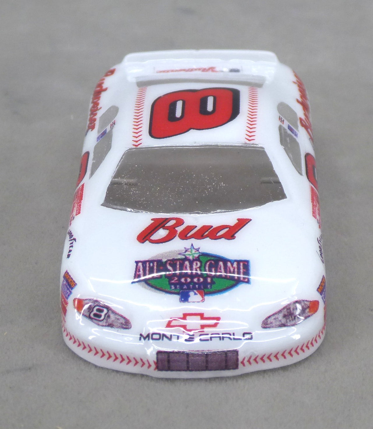Front view of white Budweiser #8 painted Lexan HO slot car body with Bud and All-Star Game hood graphics