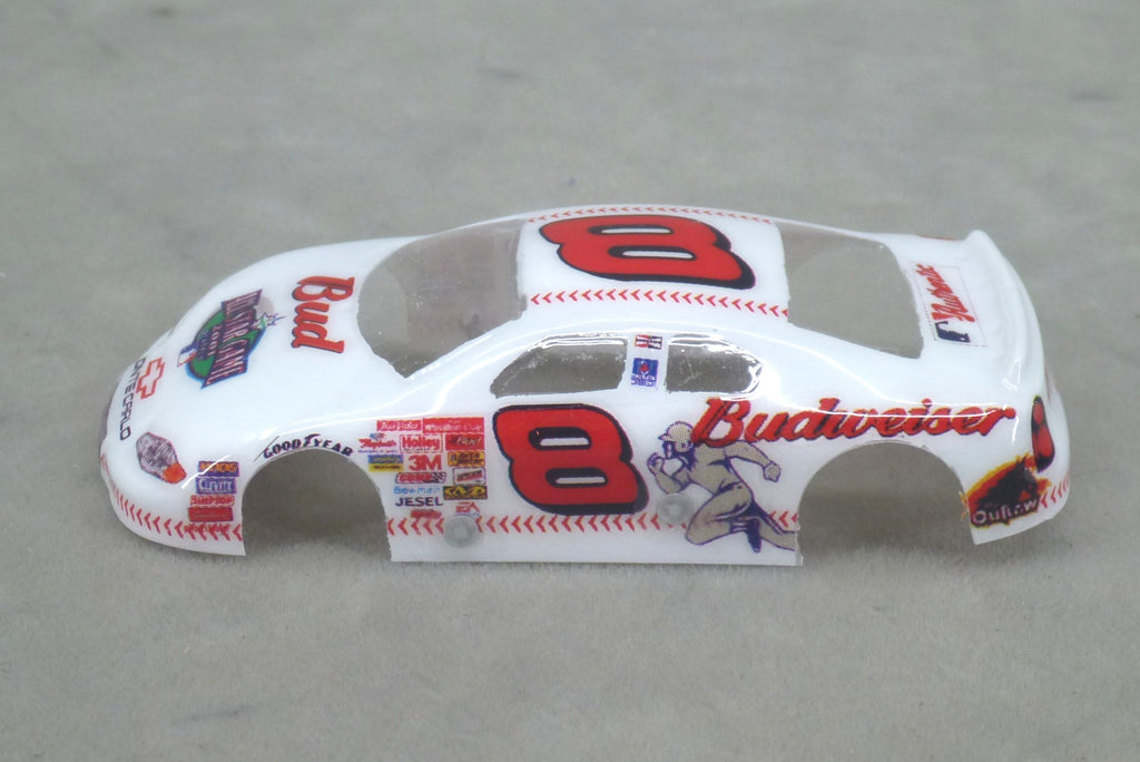 Left side of white Budweiser #8 painted Lexan HO slot car body with red number 8 and baseball graphics