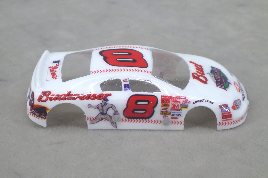 Right side of white Budweiser #8 painted Lexan HO slot car body with red number 8 and baseball graphic