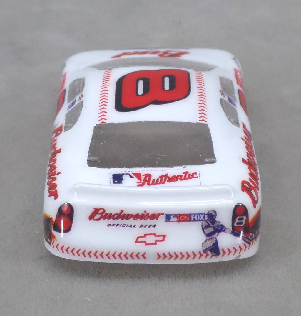 Rear view of white Budweiser #8 painted Lexan HO slot car body with Budweiser graphics and white spoiler