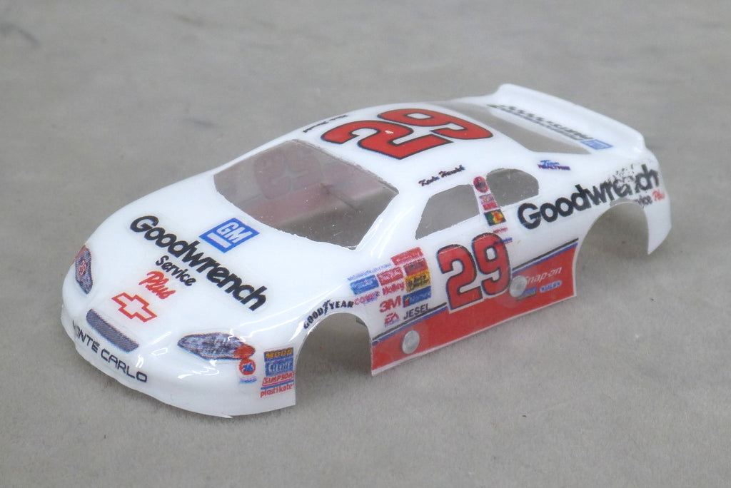 Front three-quarter view of white and red Goodwrench Service #29 painted Lexan HO slot car body